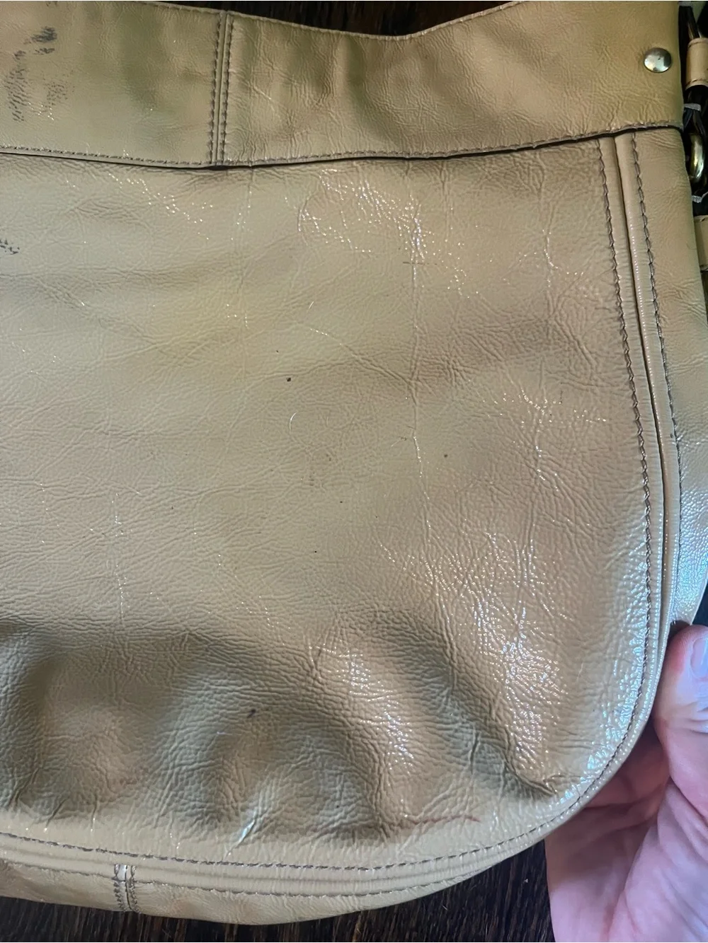 Y2K Coach Zoe Large Patent Leather Hobo Shoulder Bag  Fawn/Mustard L0893-12776